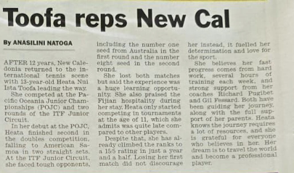 Heata-Nui ISTA-TOOFA Article dans The Fiji Times #heatanui #TheFijiTimes #ITFJunior #wearetennis #togetherfortennis #tennisfiji #TennisLife #tennislove #TennisClubPaita #tcpaita #aventuretennis #tennisnouvellecaledonie